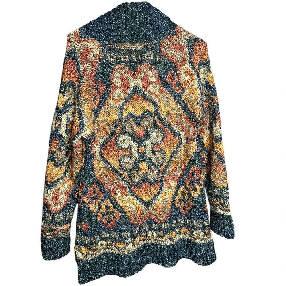 J. Jill Wool Blend Long Cardigan Sweater Shawl Collar Southwest Blue Orange‎ XS - Picture 10 of 12
